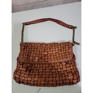 Marta Ponti Woven Leather Shoulder Bag Brown Chain Link Strap Flap Over